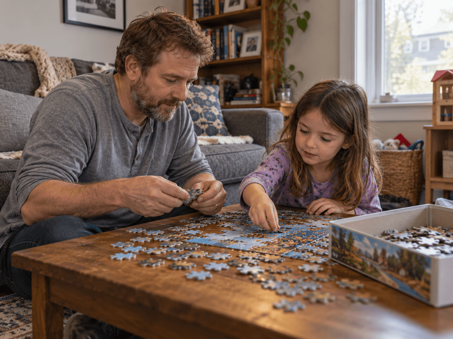 Daniel and his daughter work on a jigsaw puzzle at their living-room table.
