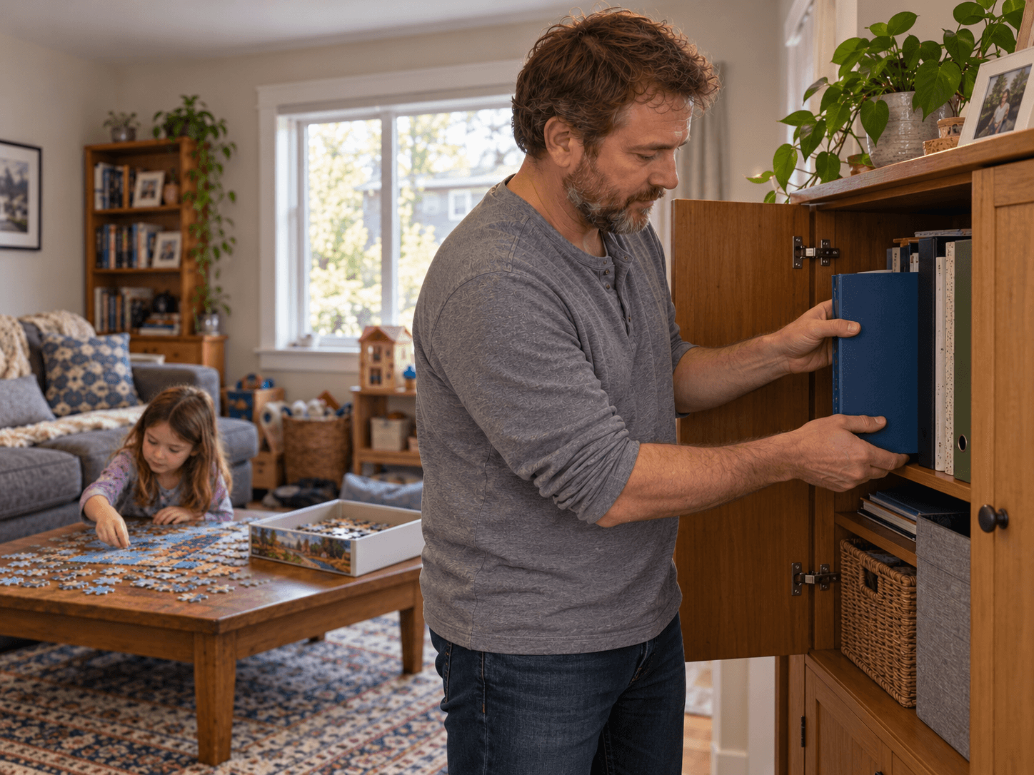 Daniel puts the adoption records in a blue file in the cabinet while his daughter continues her puzzle.