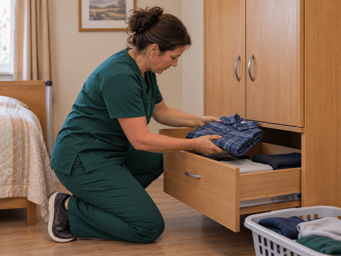 A care worker puts Bernard's clean shirt into his wardrobe drawer.