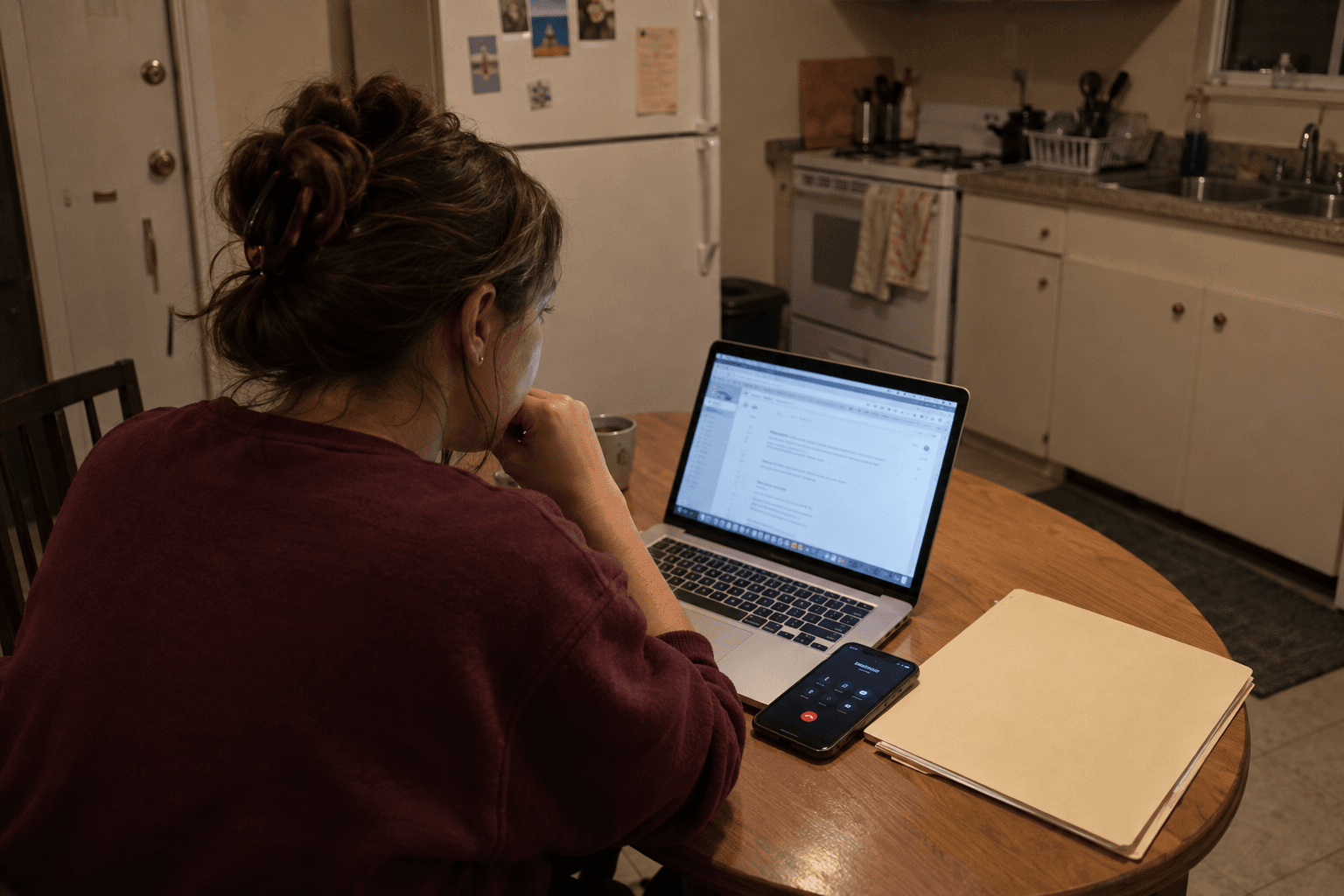 Une femme consulte son ordinateur pendant un appel à la table de cuisine.