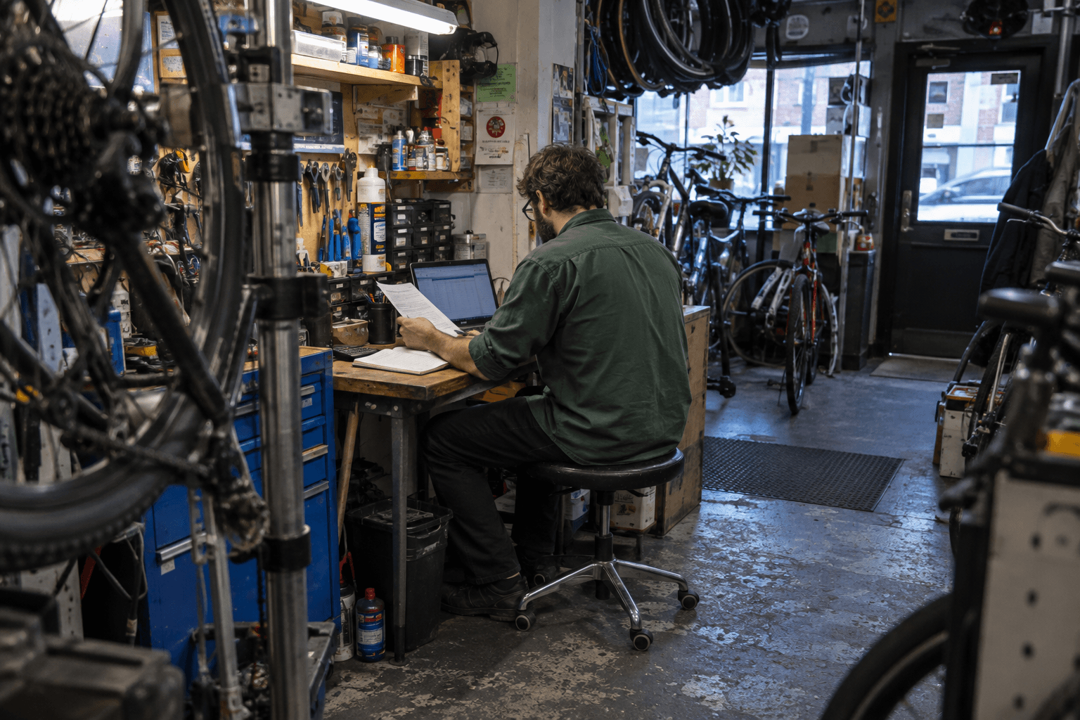 Un réparateur de vélos compare un relevé bancaire aux registres de son entreprise.