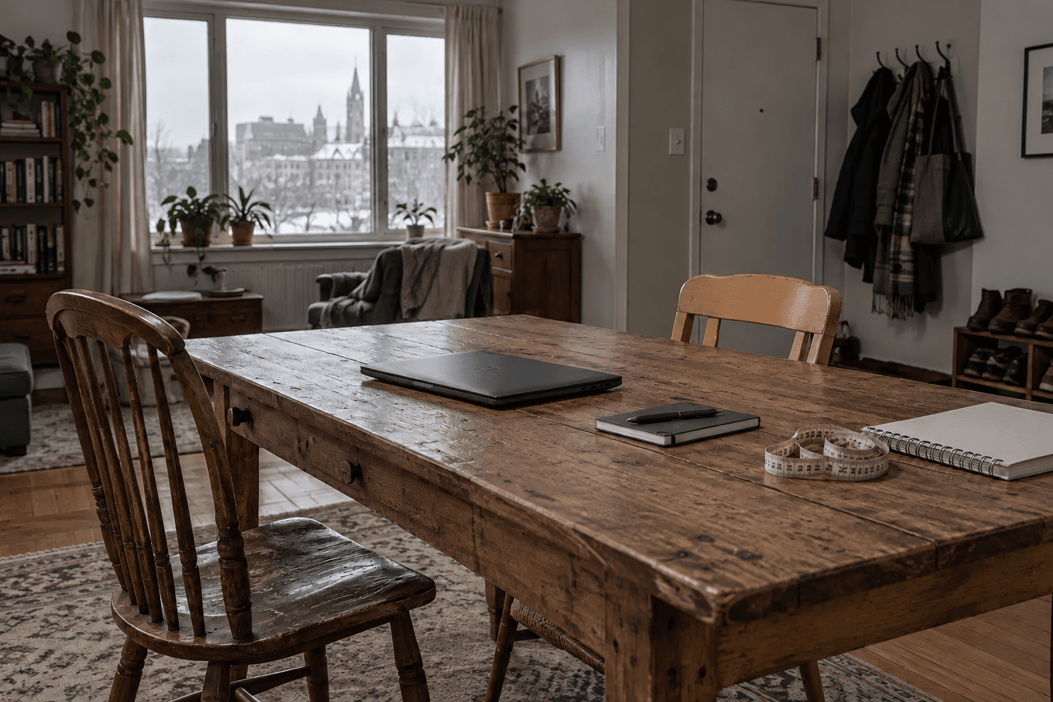Une table de salle à manger avec un ordinateur fermé, un ruban à mesurer et un cahier d'école.