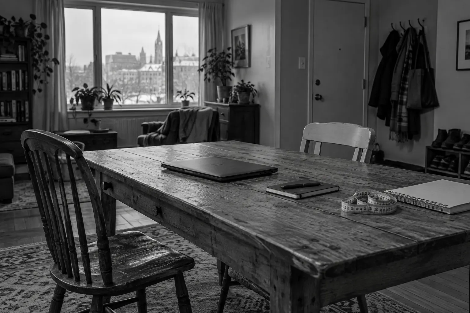 A shared dining table with a closed laptop, measuring tape and school exercise book.