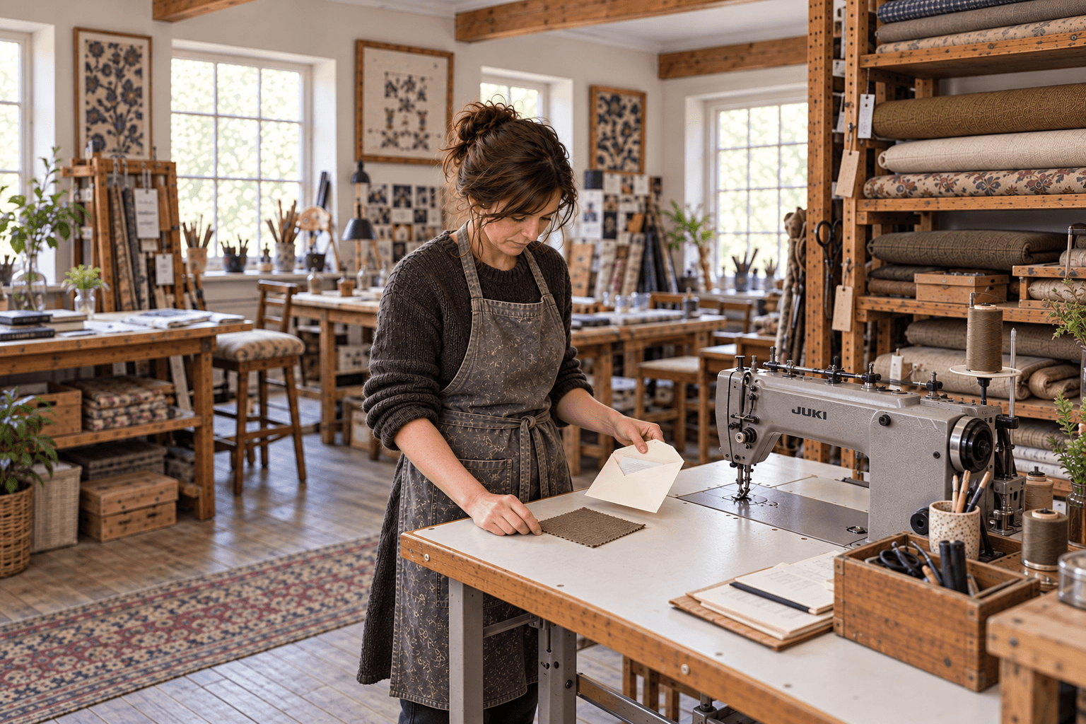 Camille lifts an opened envelope beside her sewing machine, revealing an olive fabric swatch on the table.