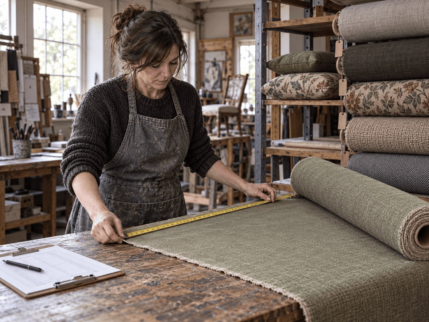 Camille measures fabric remaining on a roll for her workshop inventory.