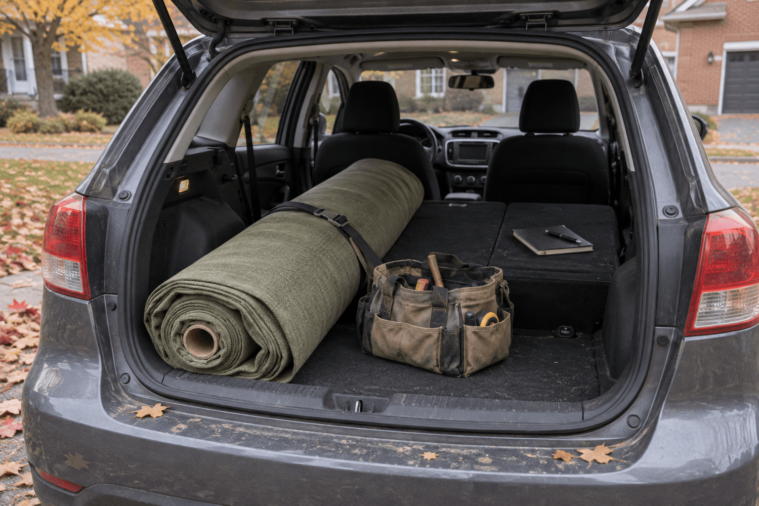 A roll of upholstery fabric, tool bag and plain notebook in the back of a parked hatchback.