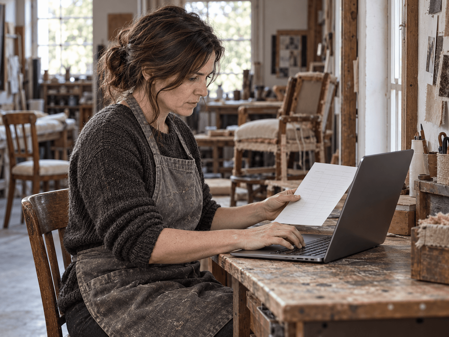 Camille consulte une feuille d’heures en préparant la paie sur son ordinateur à l’atelier.