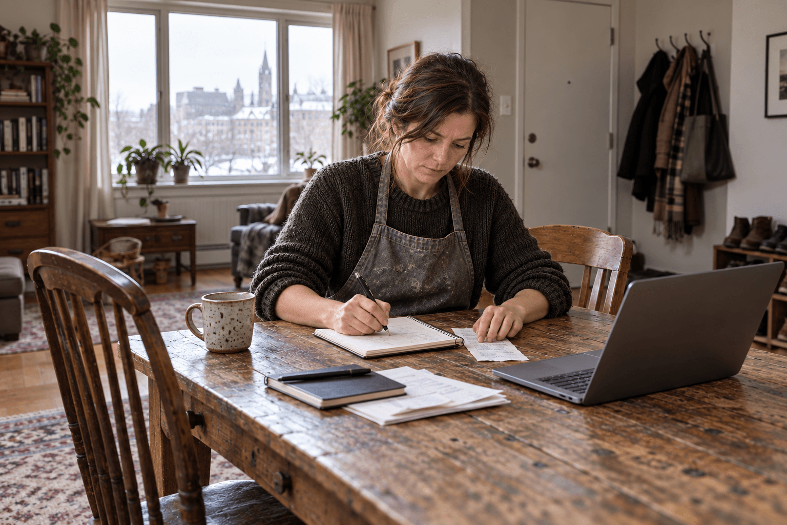 Camille adds an invoice to the sales totals in her notebook at the dining table, with her laptop beside her.