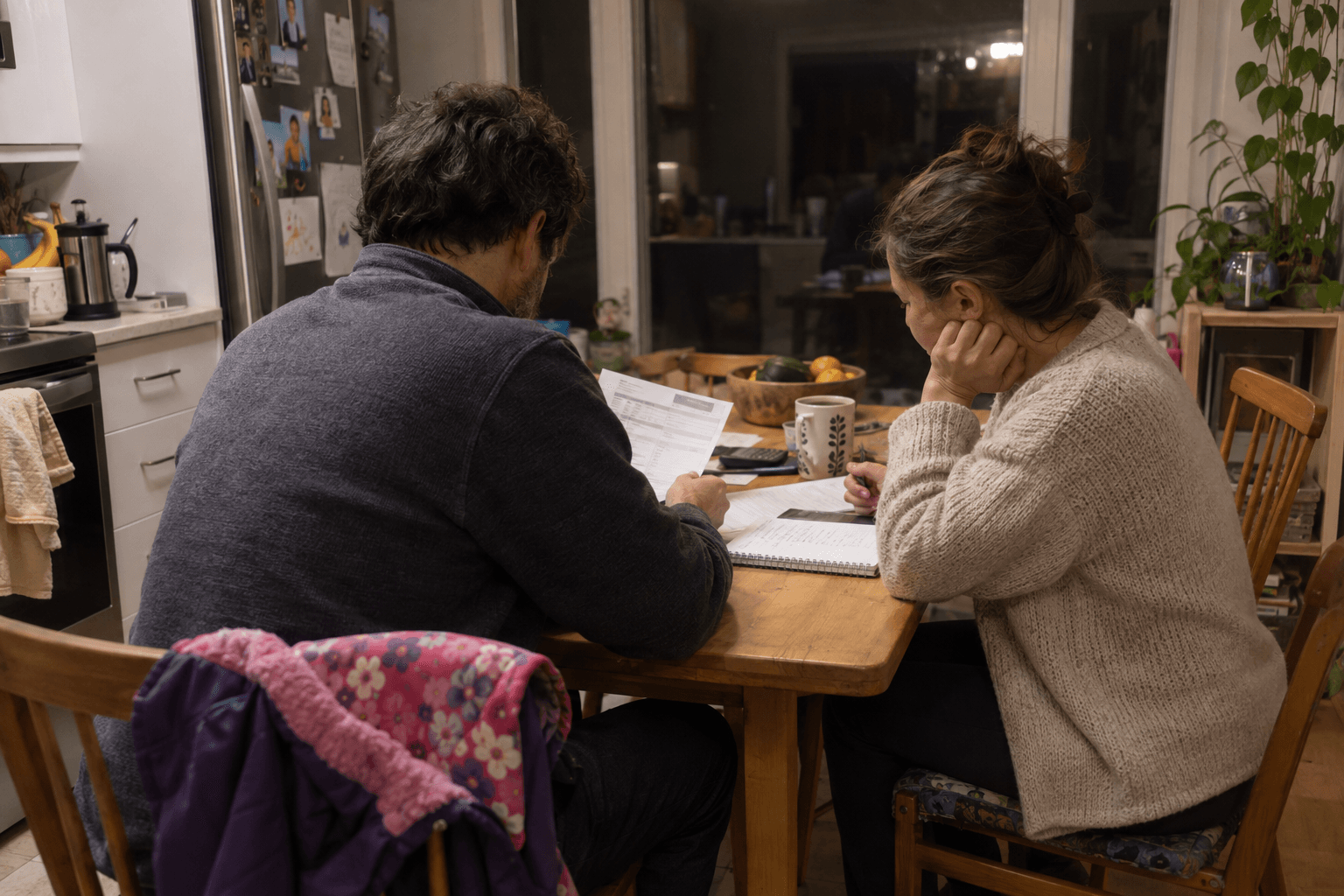 Parents reviewing household income at the kitchen table.