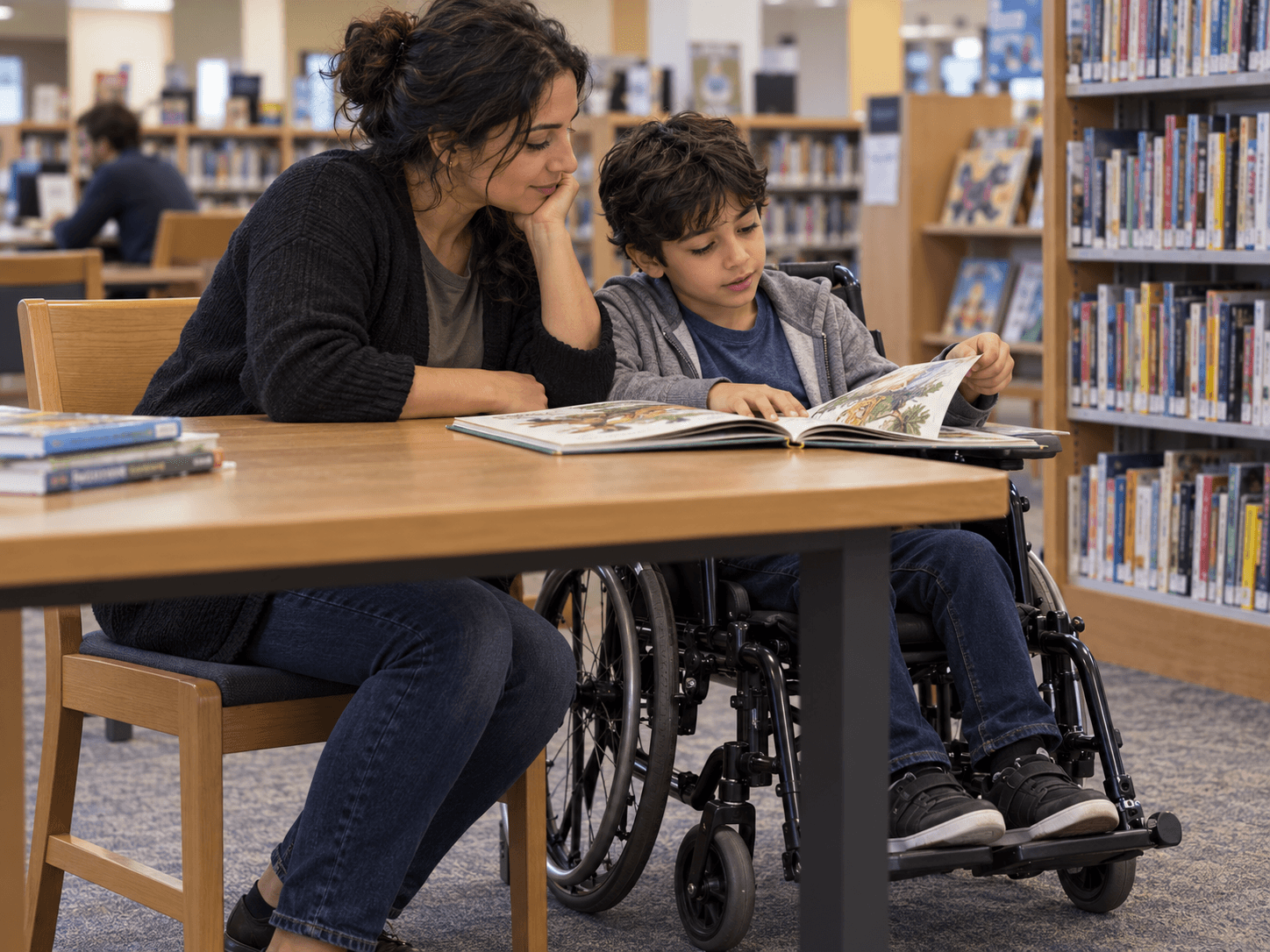 Farah and her son read together at a library table, with his wheelchair beside her chair.