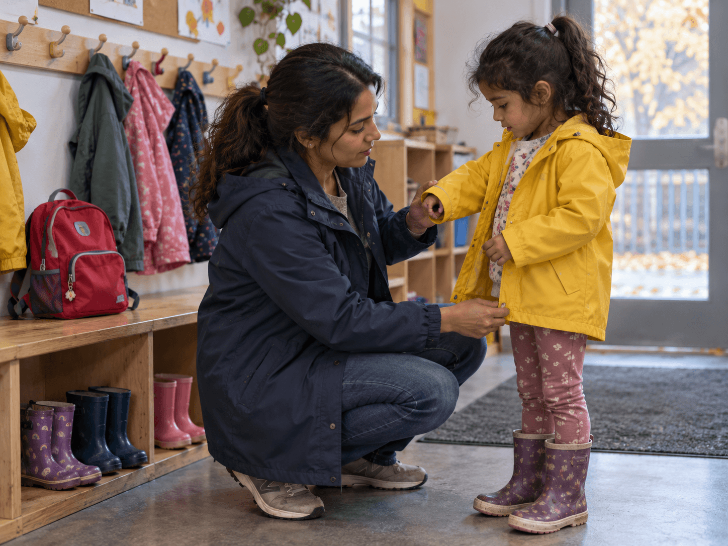 Sonia helps her daughter put on a raincoat at the daycare entrance.