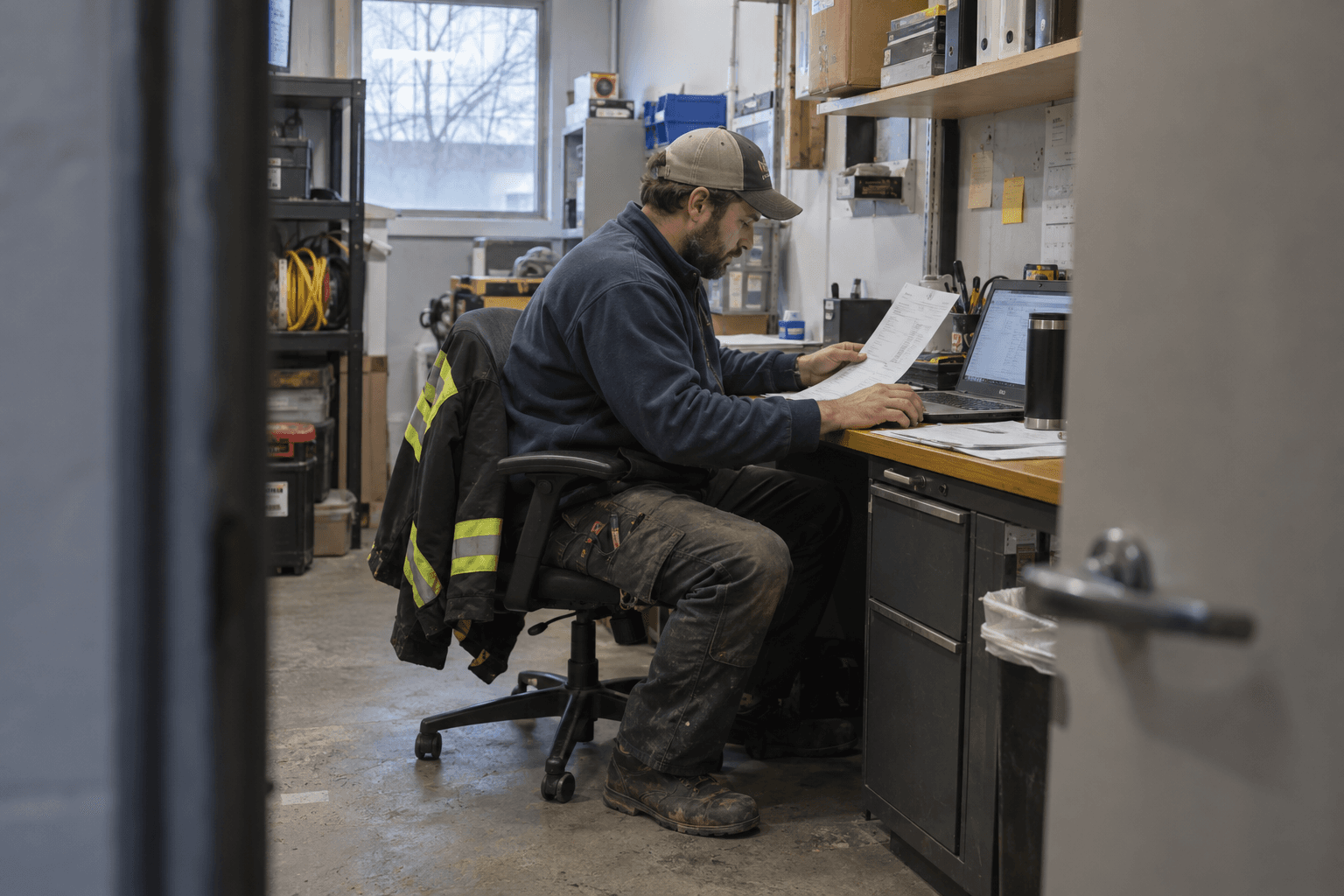 An electrician checking a supplier invoice on a laptop.