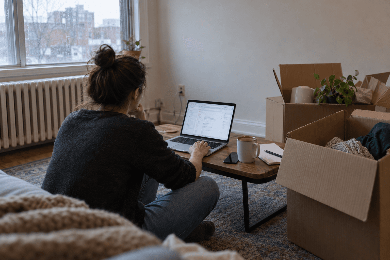 A woman using her laptop among unpacked moving boxes.