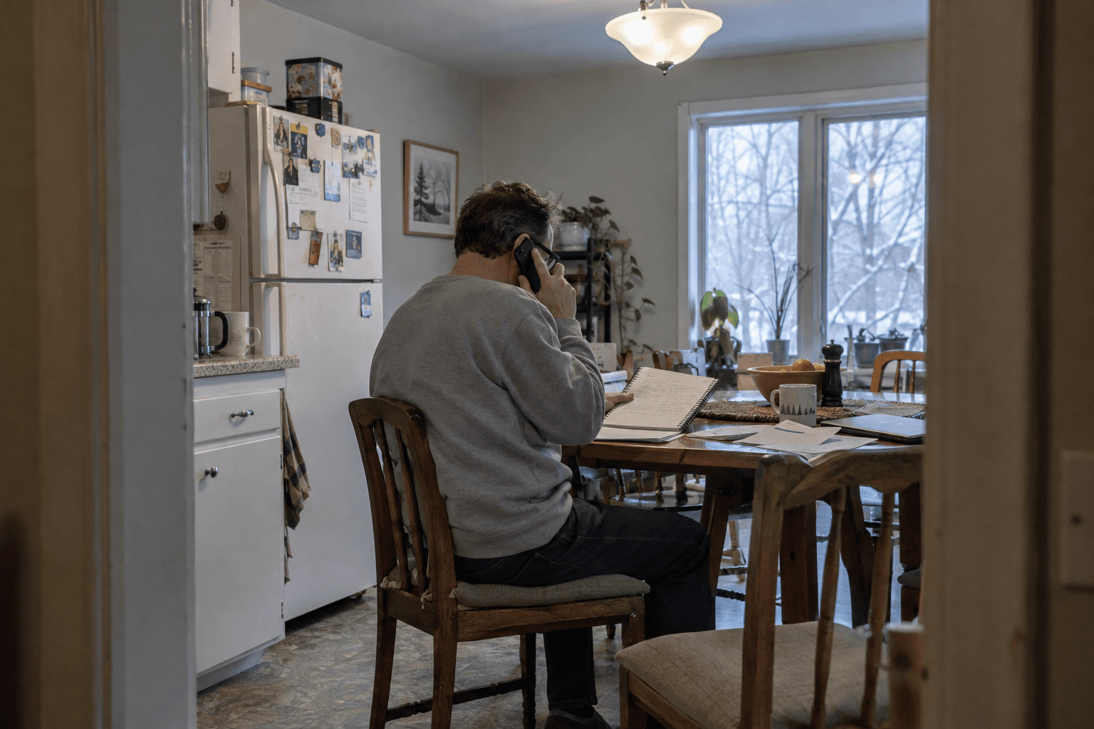 A man making a phone call beside his household budget.