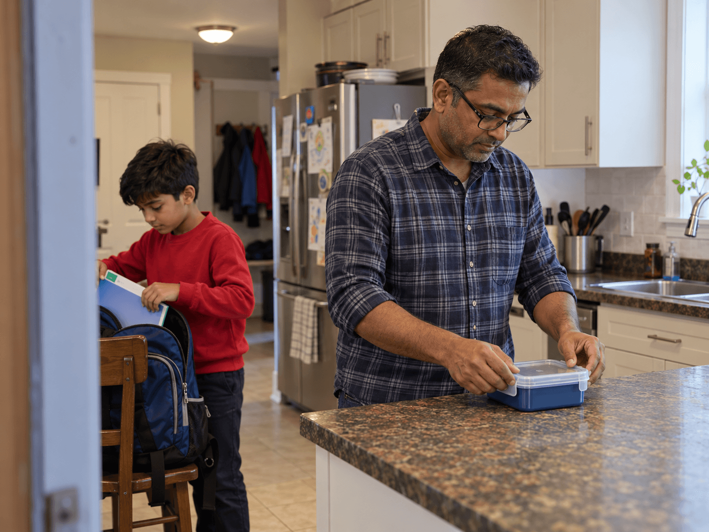 Olivier packs his son's lunch while the child puts a workbook into his school bag.