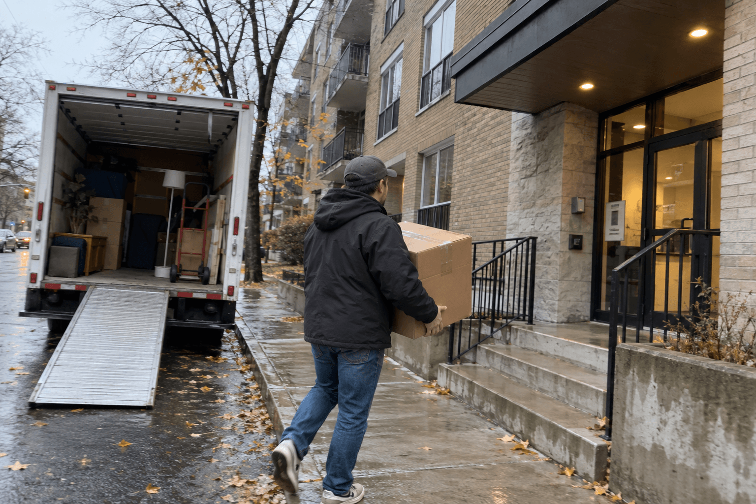 A box being carried from a moving van to an apartment.