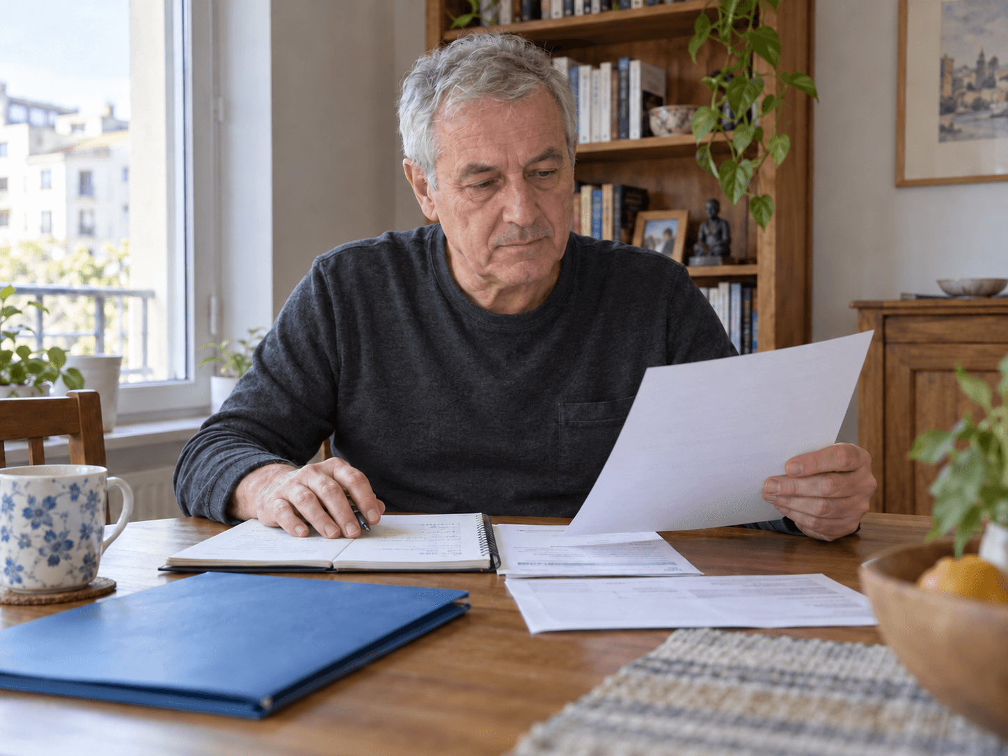 Étienne comparing a pension statement with his notebook at the dining table.