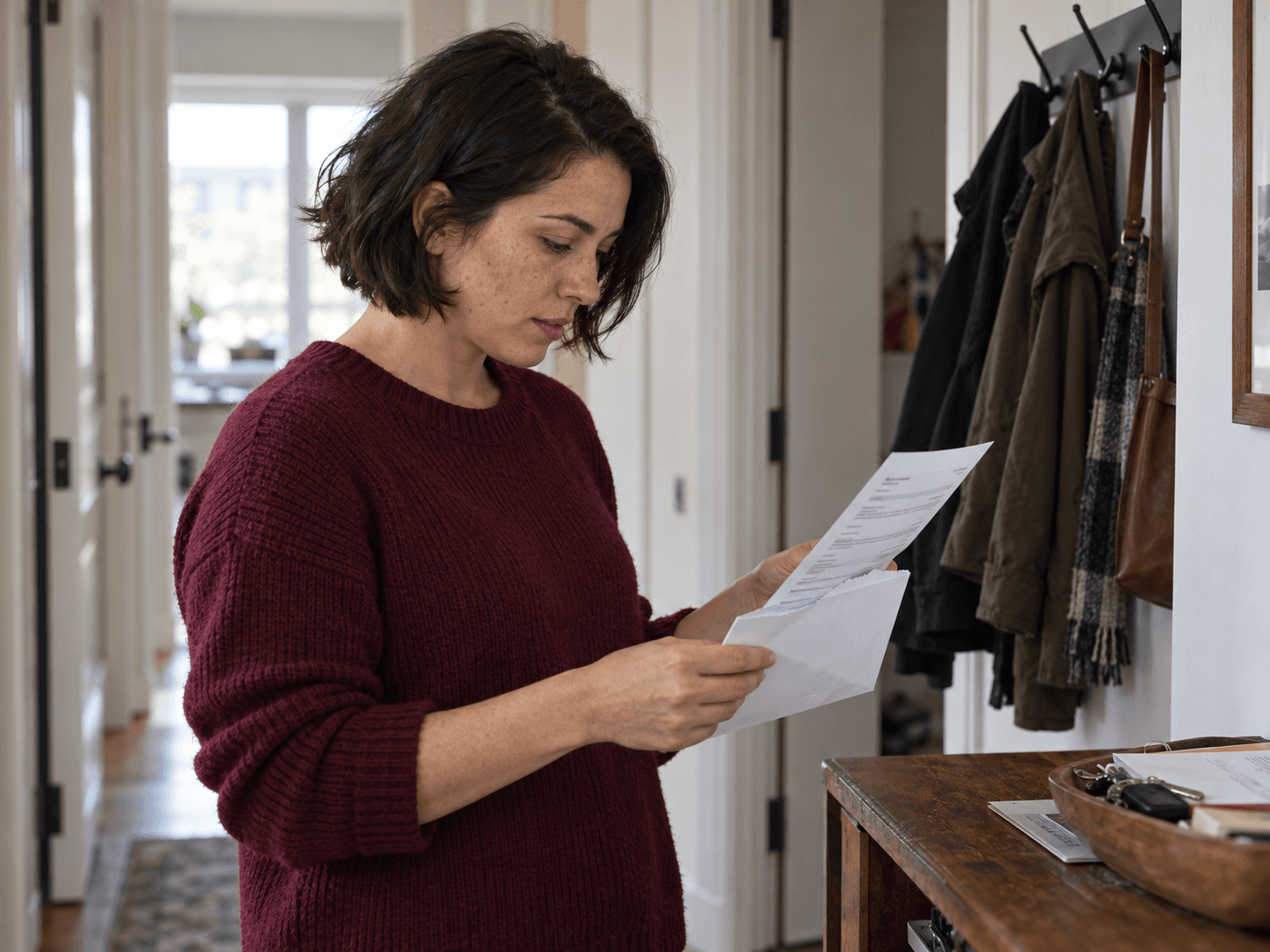 Nora opens an insurance statement in her apartment hallway.