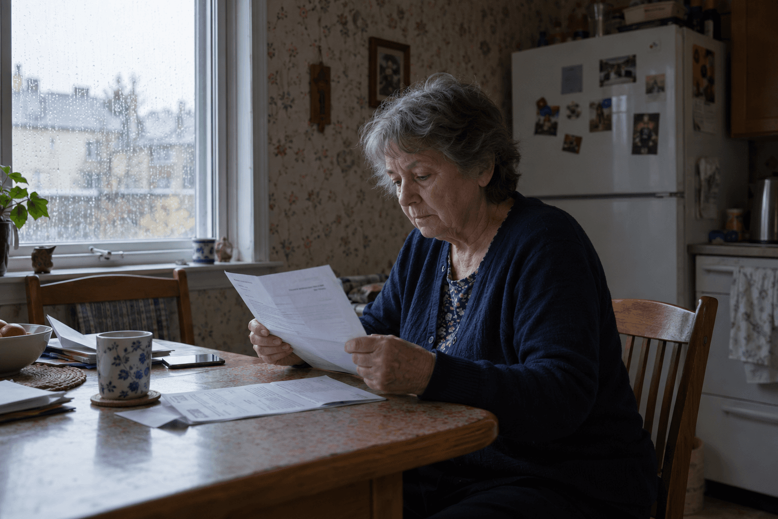 Une retraitée ouvre une lettre de pension près d'un relevé bancaire.