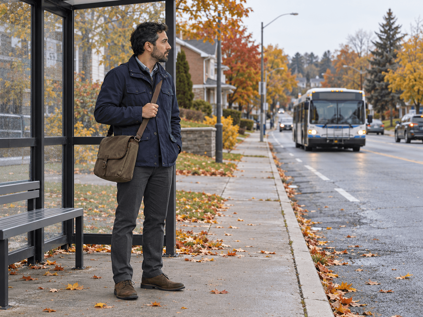 Alex waits for a bus on a residential street before his commute to work.