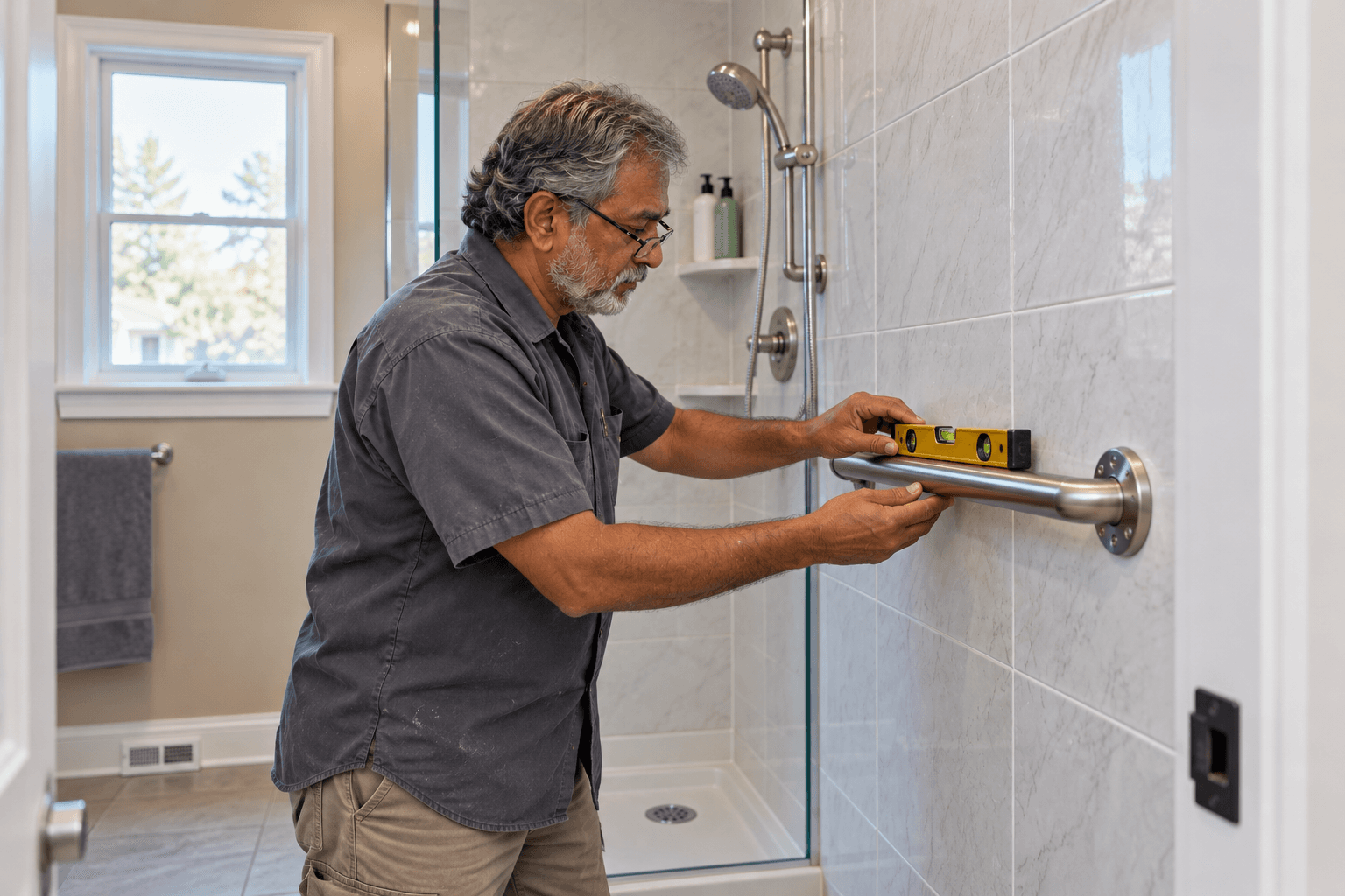 A contractor checks a fixed shower grab bar with a spirit level resting along its top.