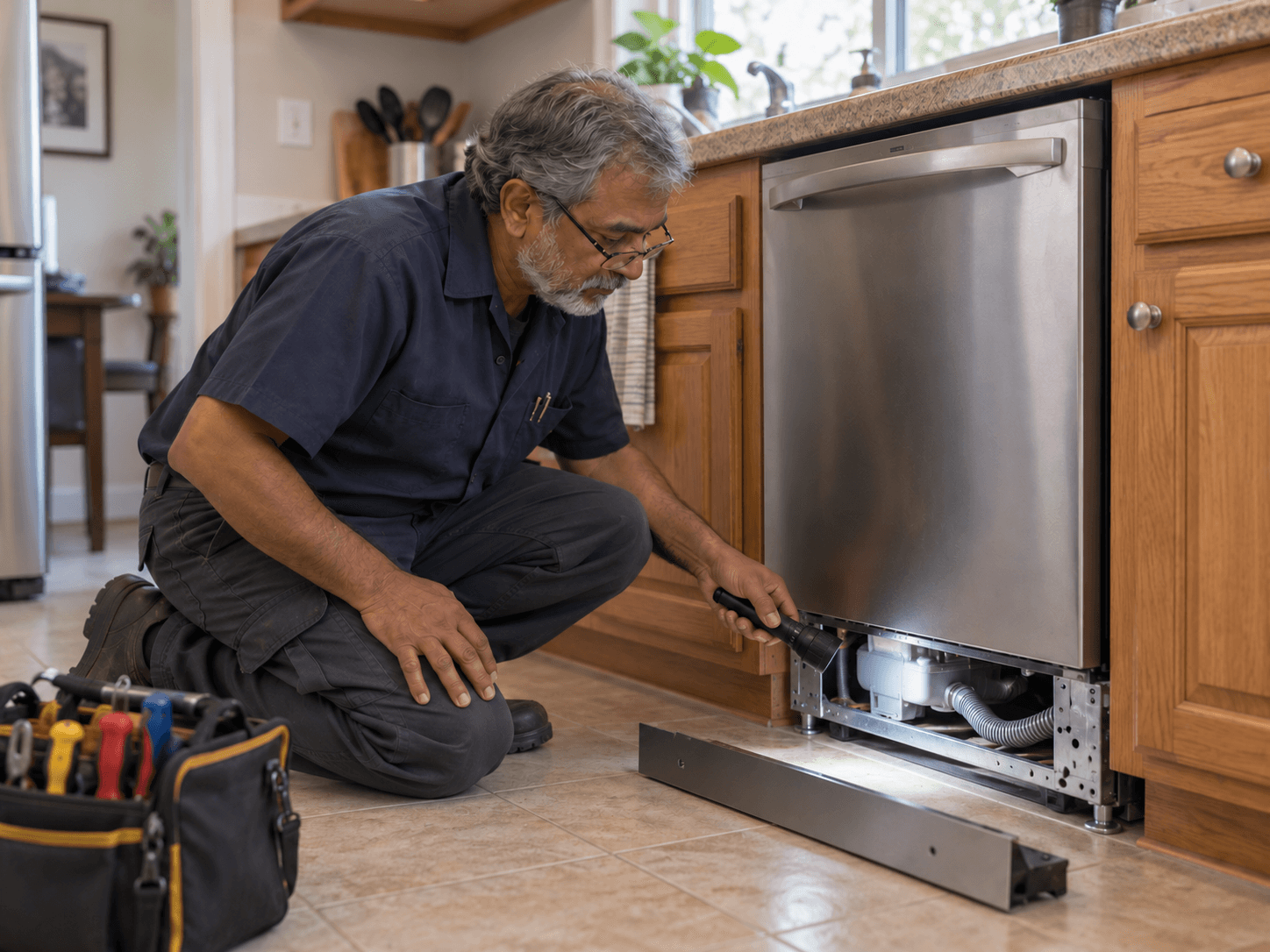 A technician uses a flashlight to inspect the lower service area of a dishwasher.