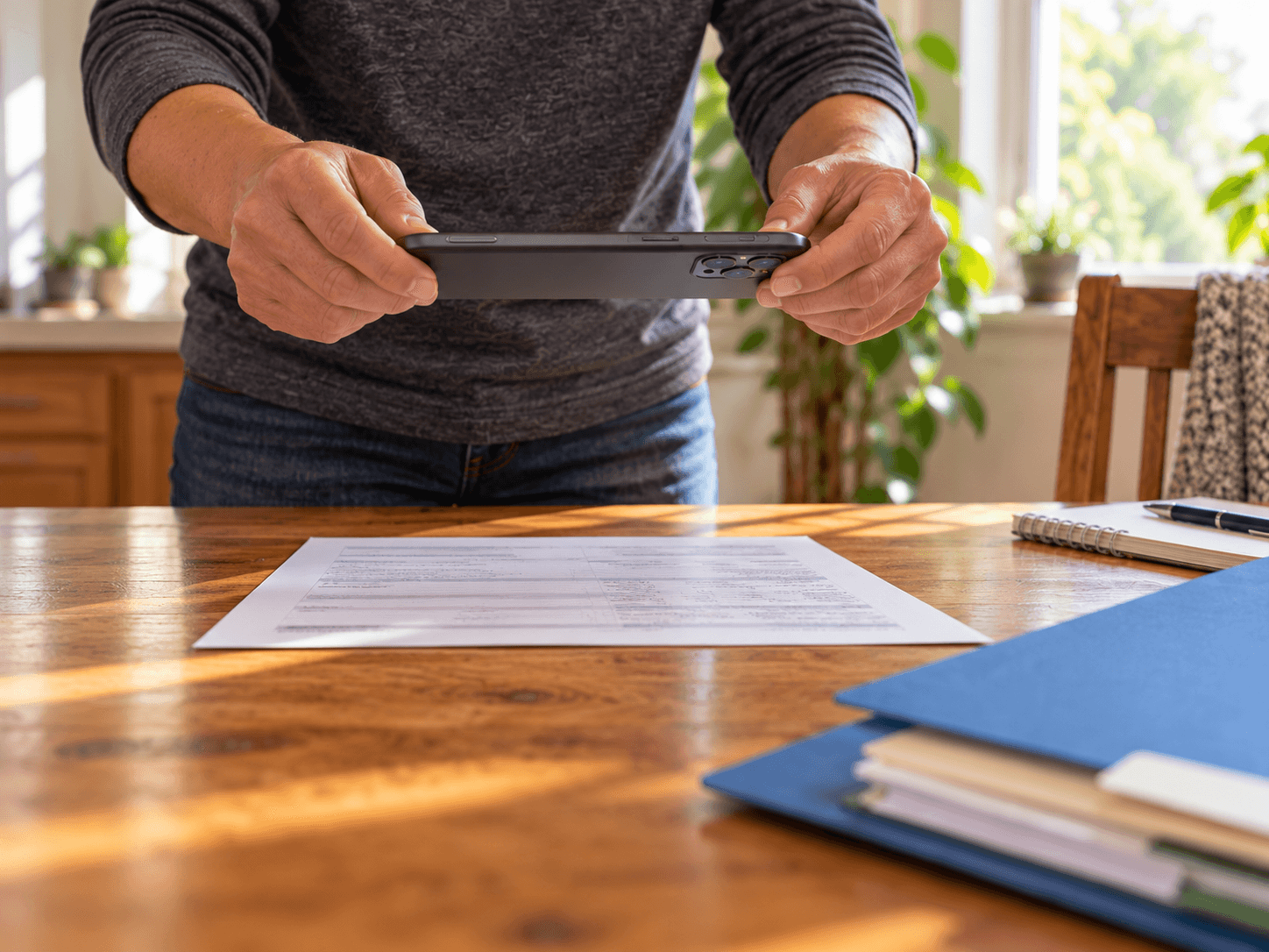 A person holds a phone above a paper document to make a copy beside an open blue folder.