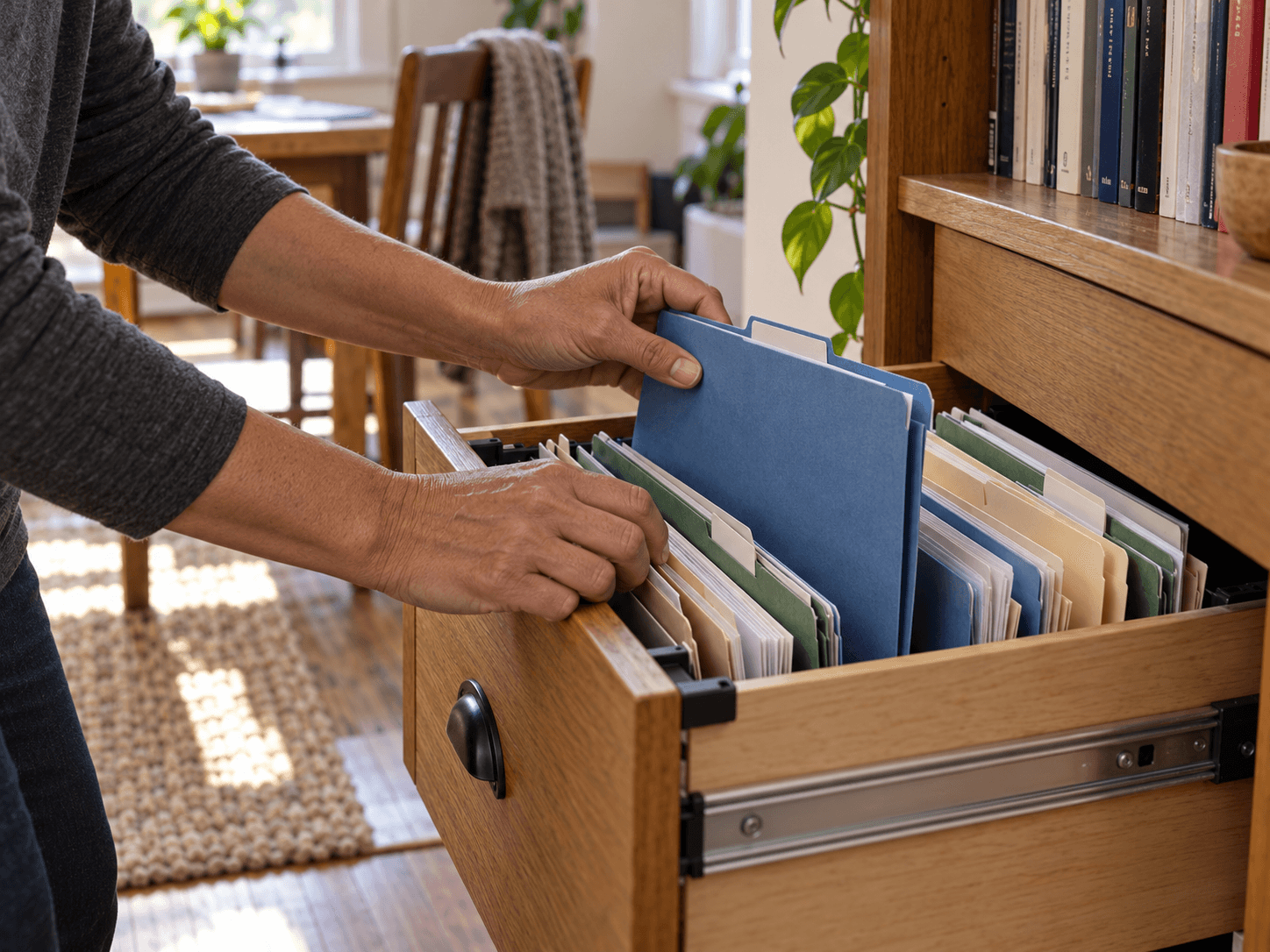 Hands retrieve a blue document folder from a household filing drawer.