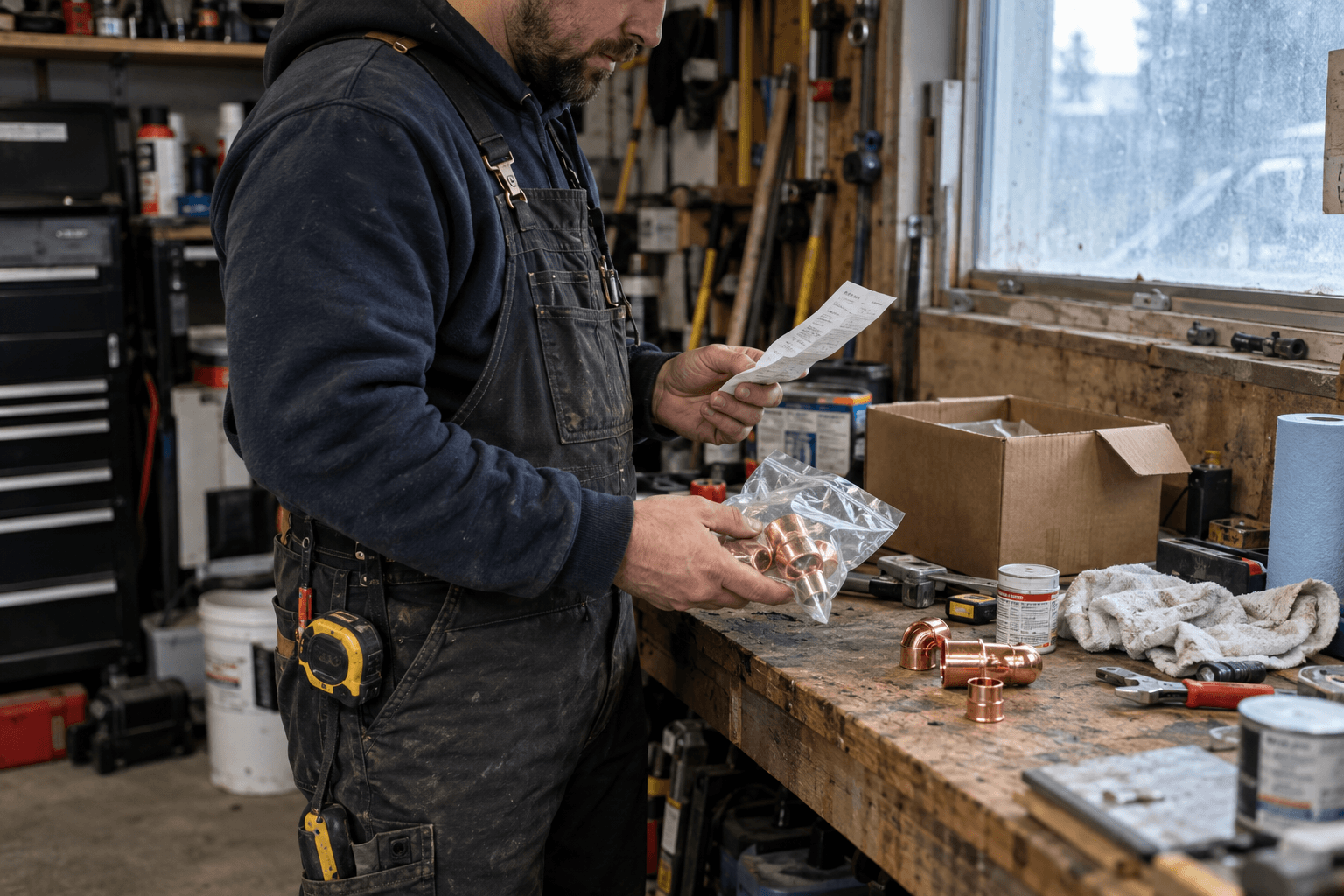 A plumber checking a receipt for copper fittings.