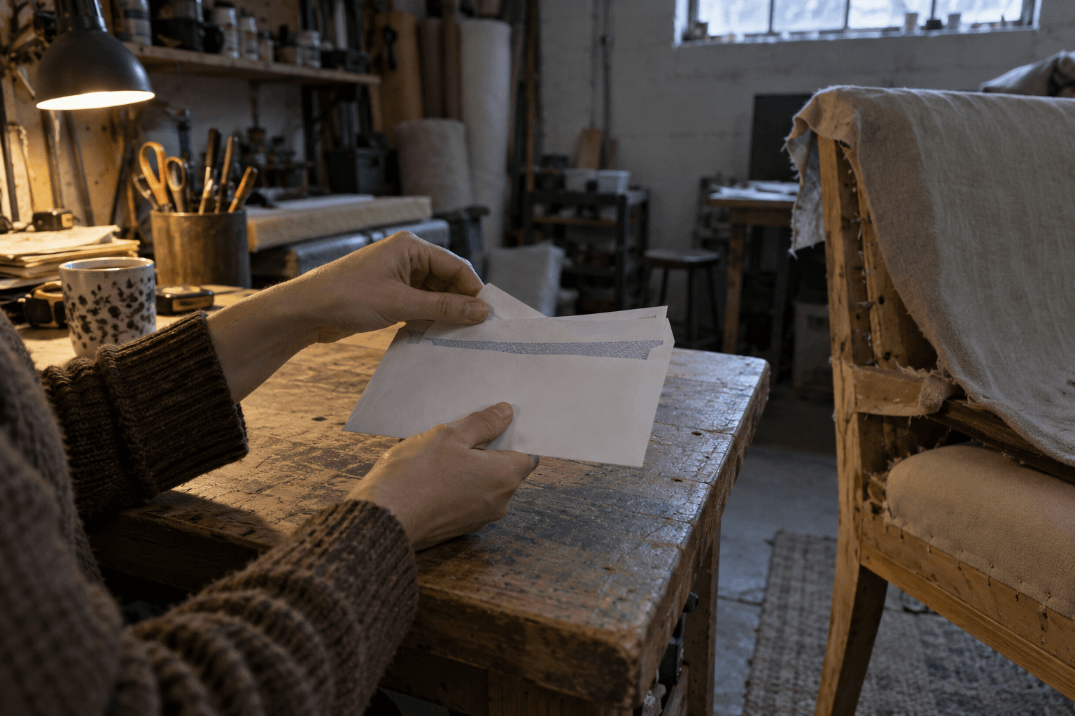 A business-account envelope opened in an upholstery workshop.