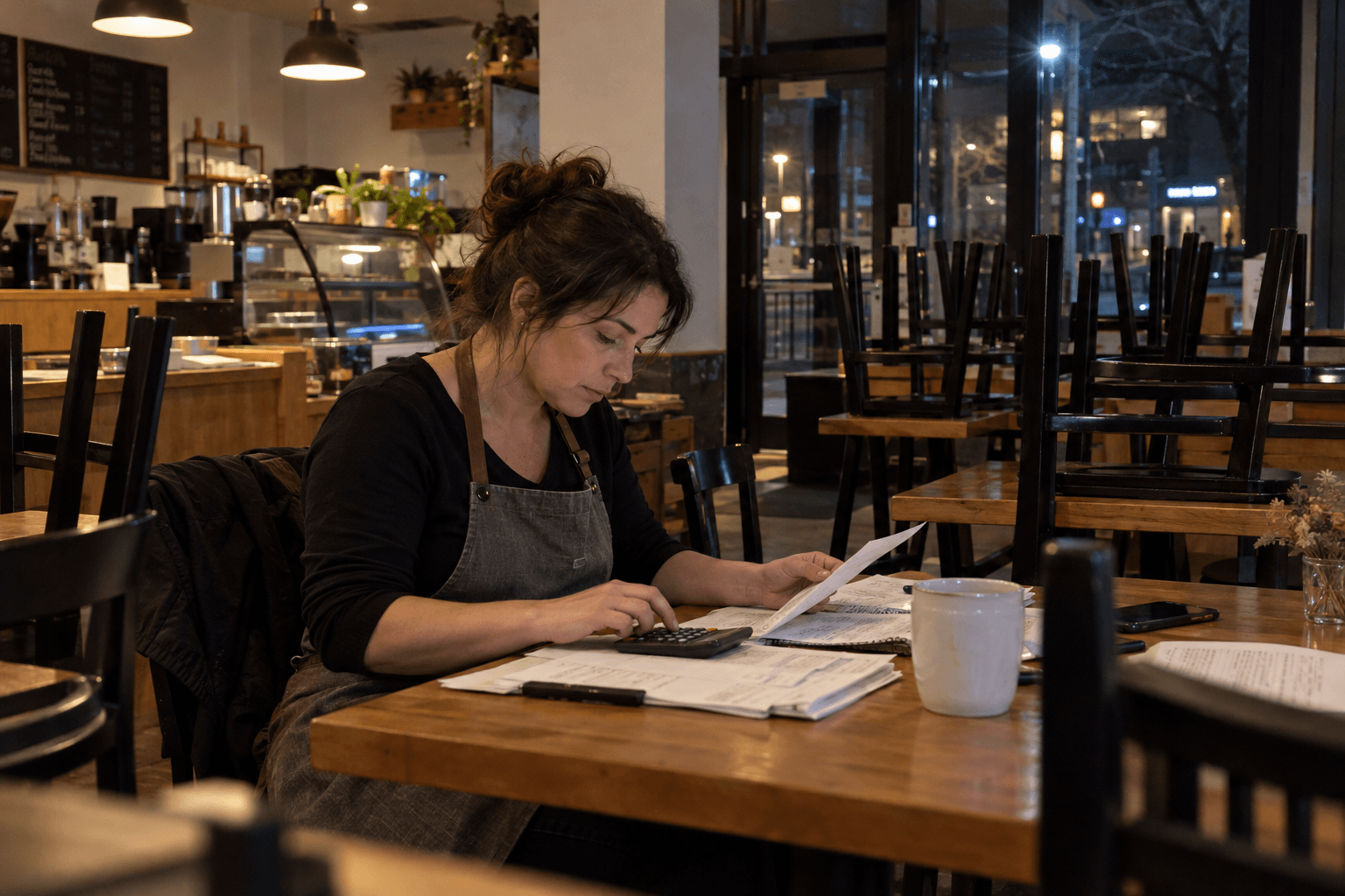 Une personne compare les calculs de son café après la fermeture.