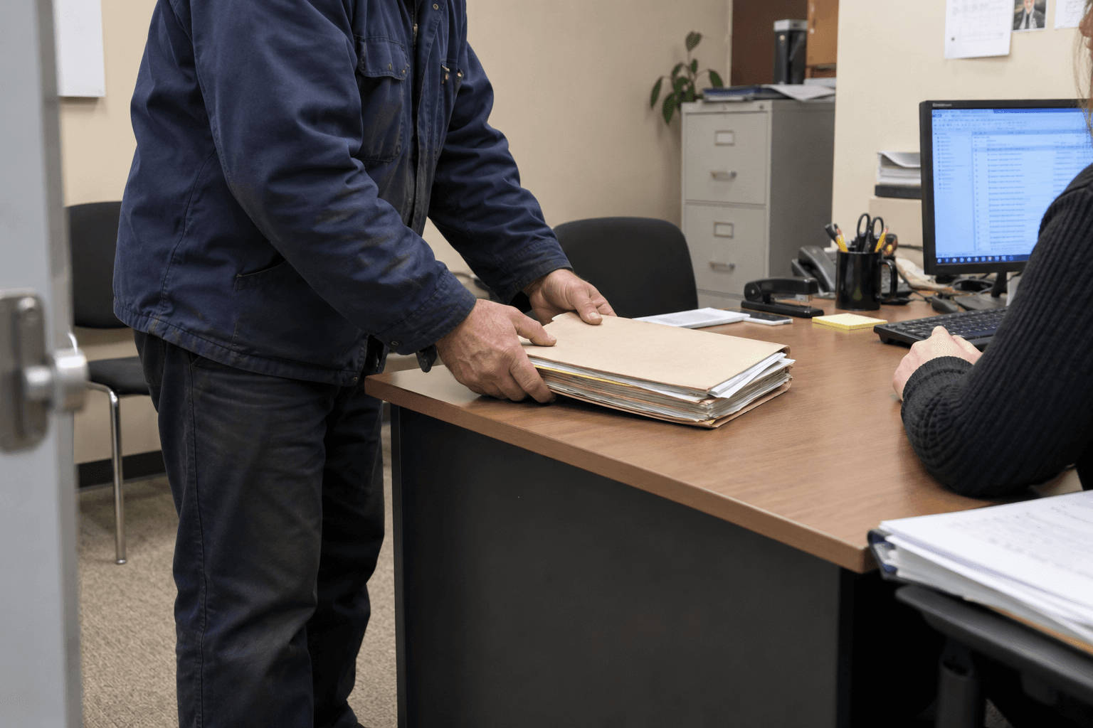 Workshop records being handed over at an office desk.
