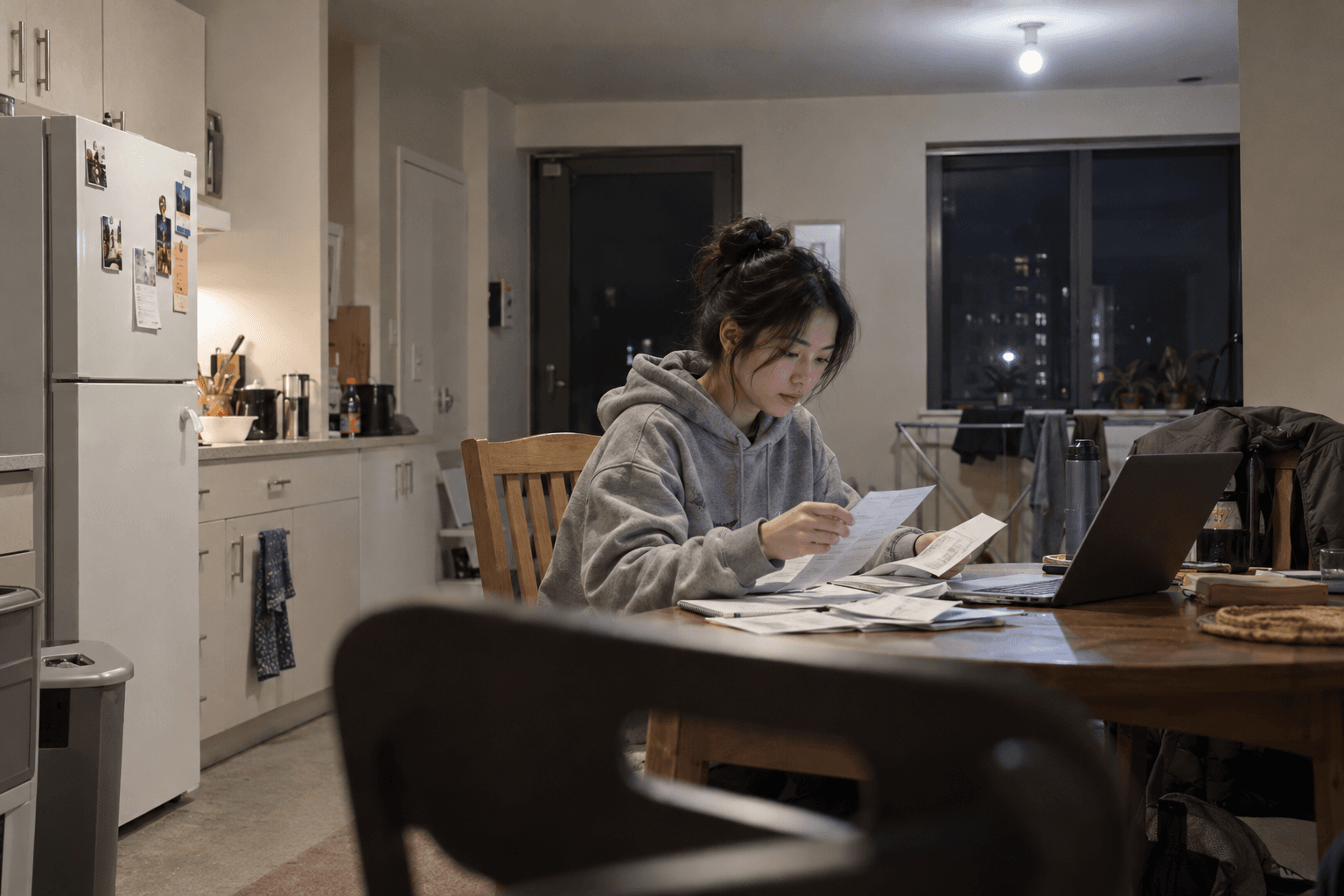 Une personne étudiante trie ses fiches de paie à une table de cuisine partagée.