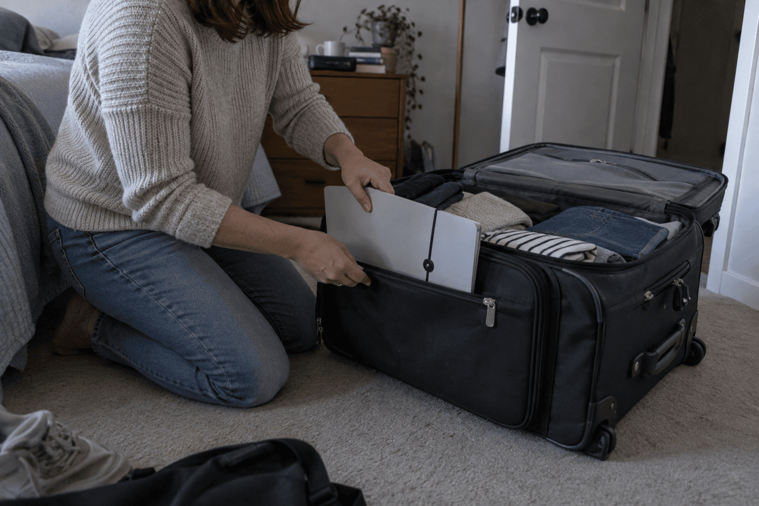 A document wallet packed beside a suitcase.
