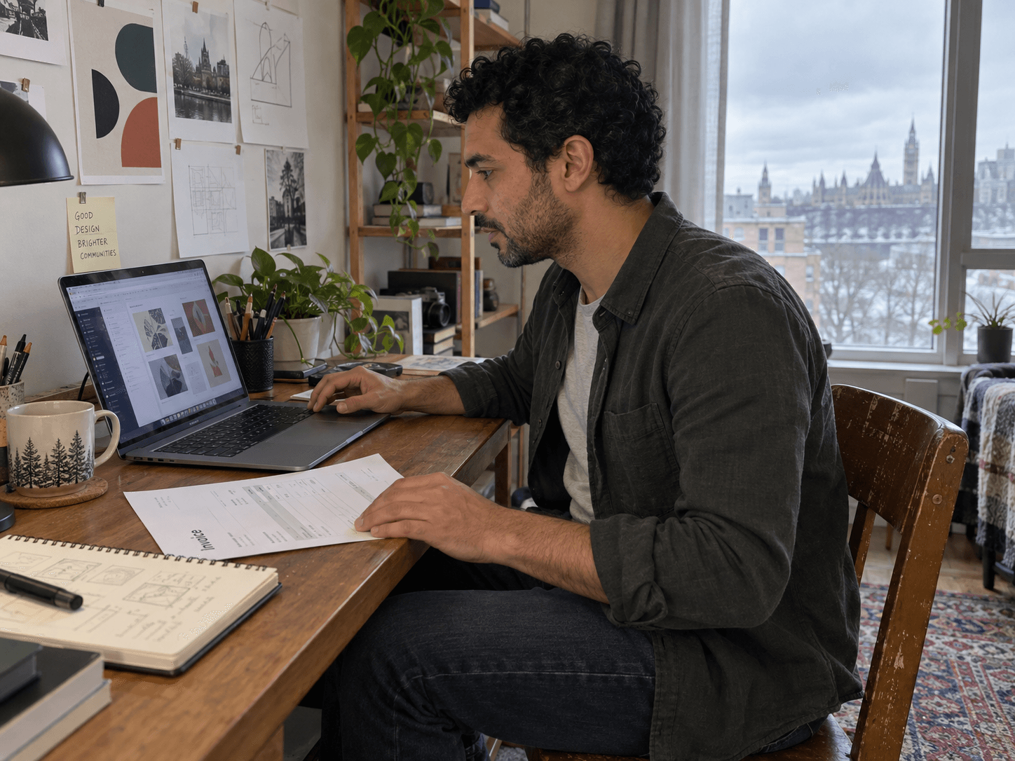 Malik checking a paper invoice at his apartment design desk.