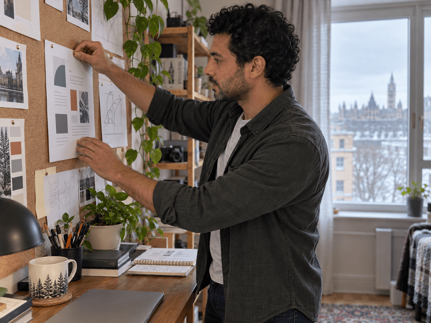 Malik pinning a draft design proposal to the board beside his desk.