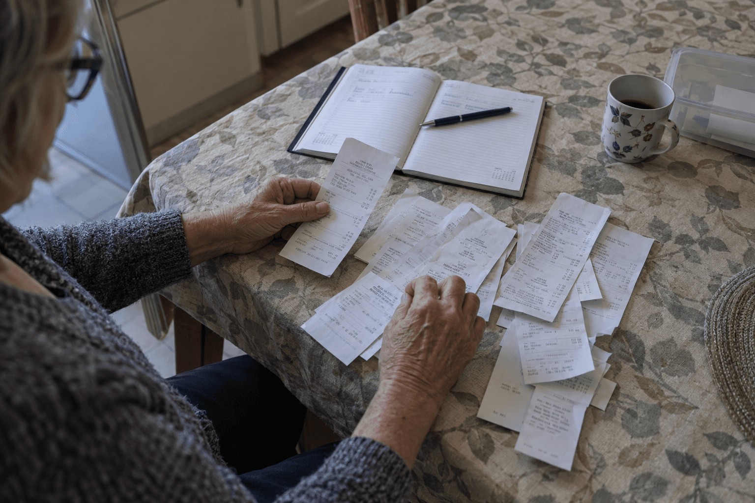 Medical receipts being arranged beside a diary.
