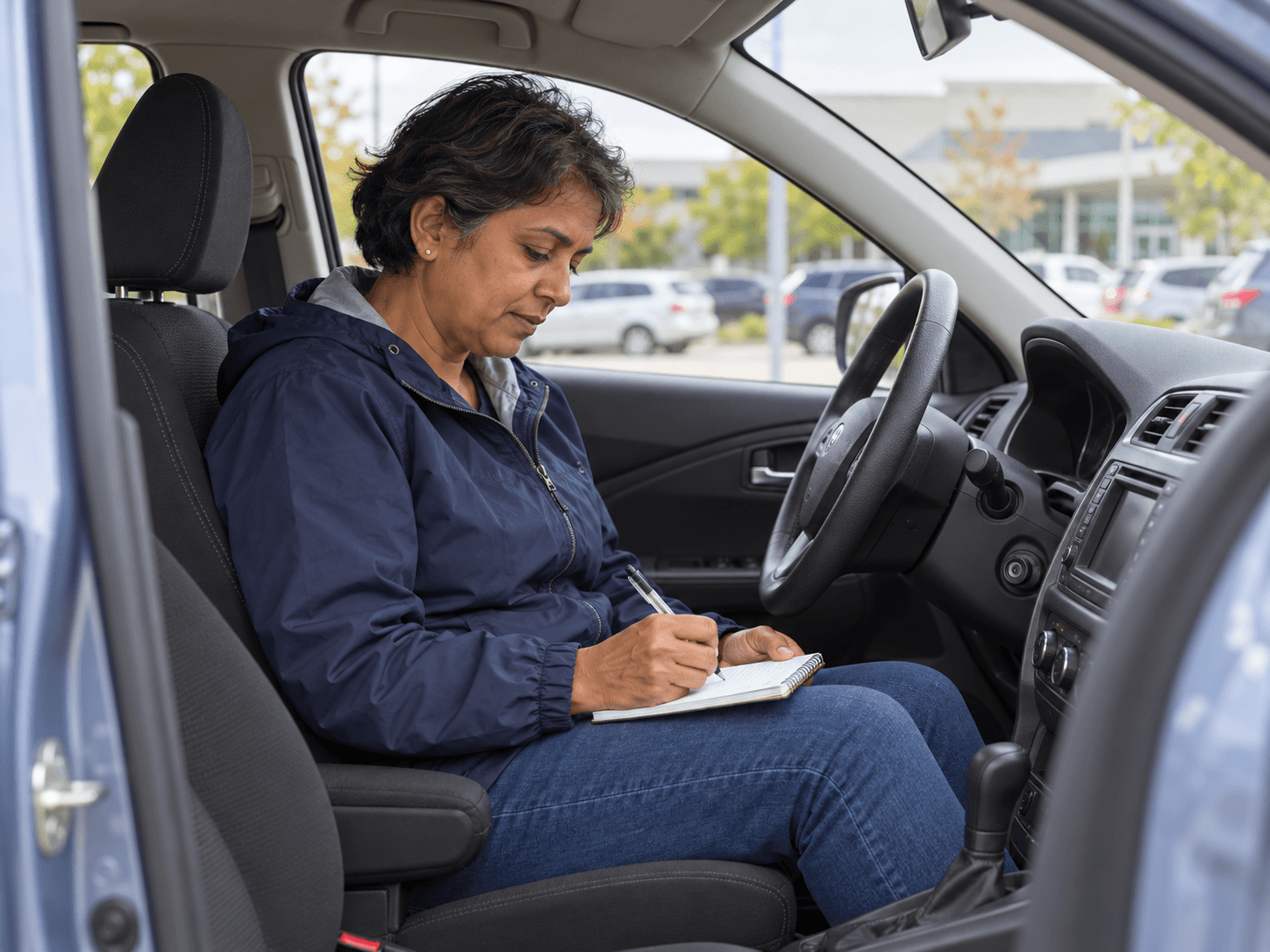 Valérie records the distance of her clinic trip in a notebook while seated in her parked car.