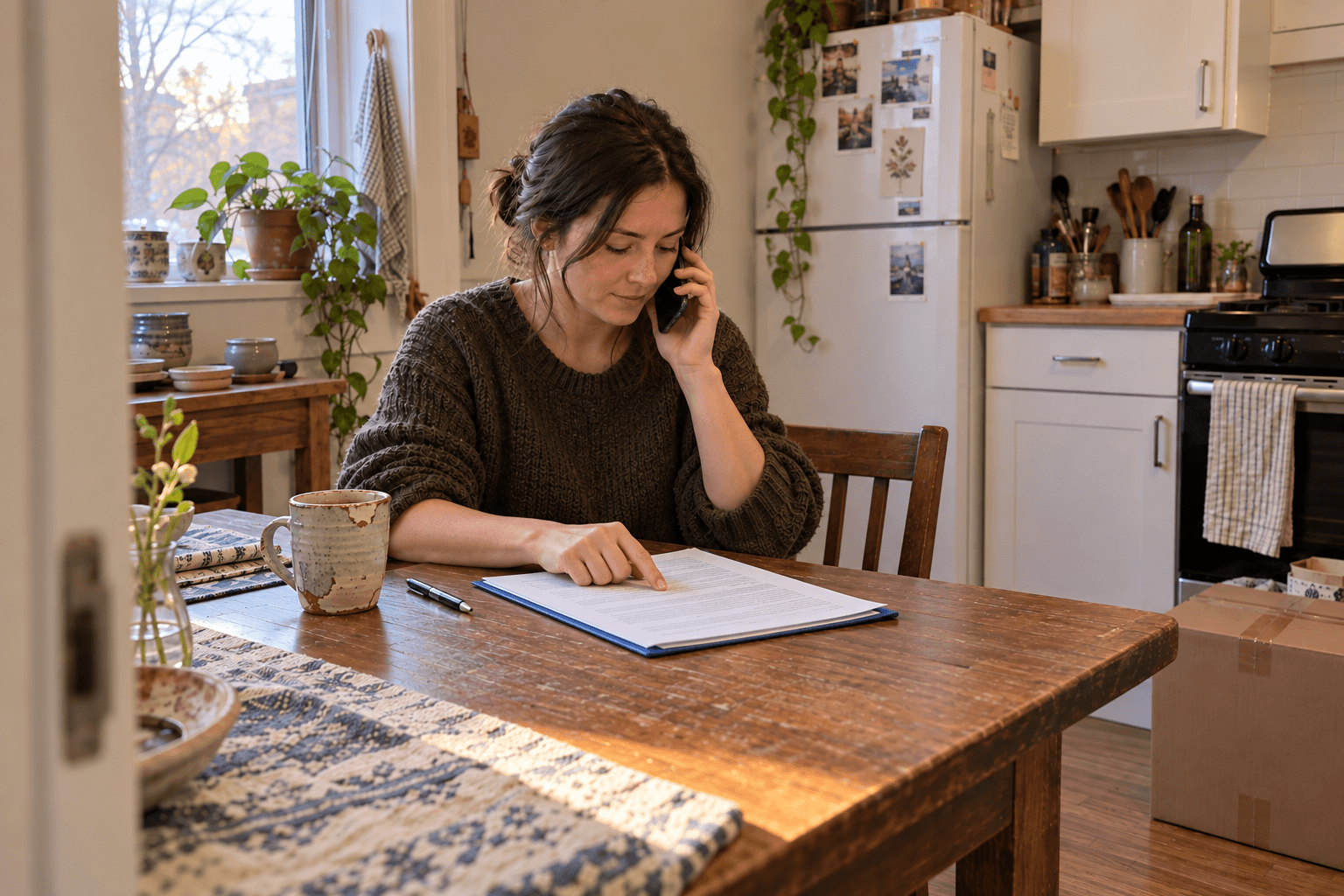 Nadia calls her account provider while following a line on the home-purchase agreement at her kitchen table.