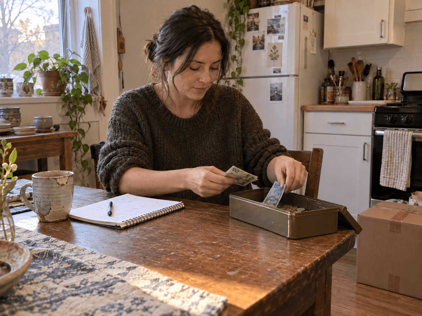 Nadia compte les espèces du marché dans une boîte à sa table de cuisine.