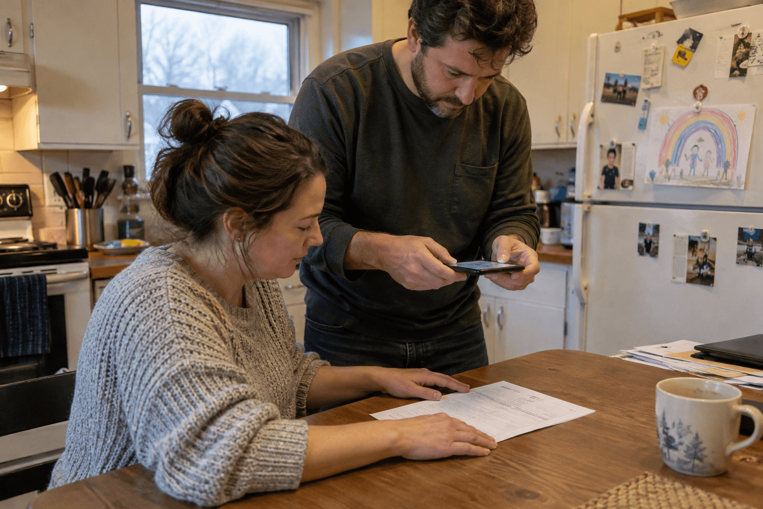 Parents scanning a family document at their kitchen table.