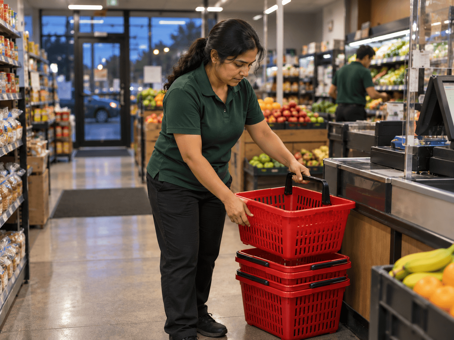 Priya stacks empty shopping baskets beside a grocery checkout at the end of her shift.