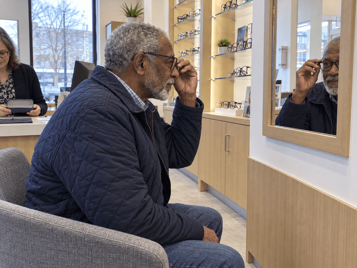 George ajuste une monture en se regardant dans un miroir chez un opticien.
