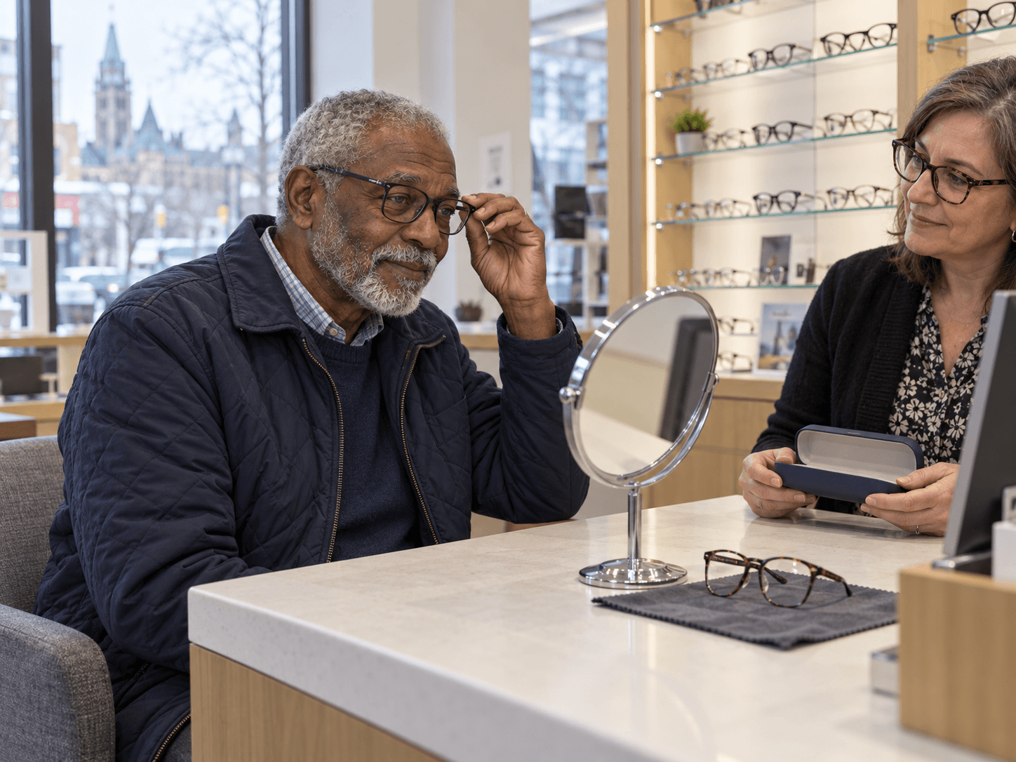 George tries an eyeglass frame at an optician's counter while the optician holds an open case.