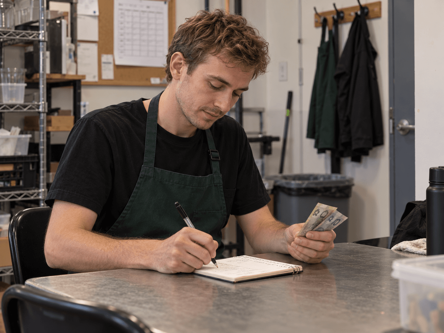 Lucas writes his tip total in a notebook at the cafe staff table after his shift.