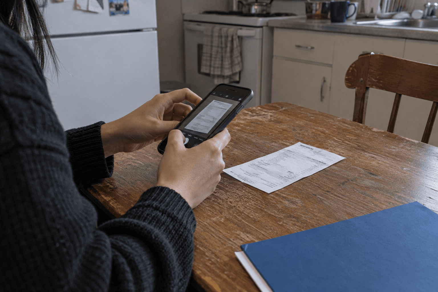 A tenant photographing a rent receipt at home.