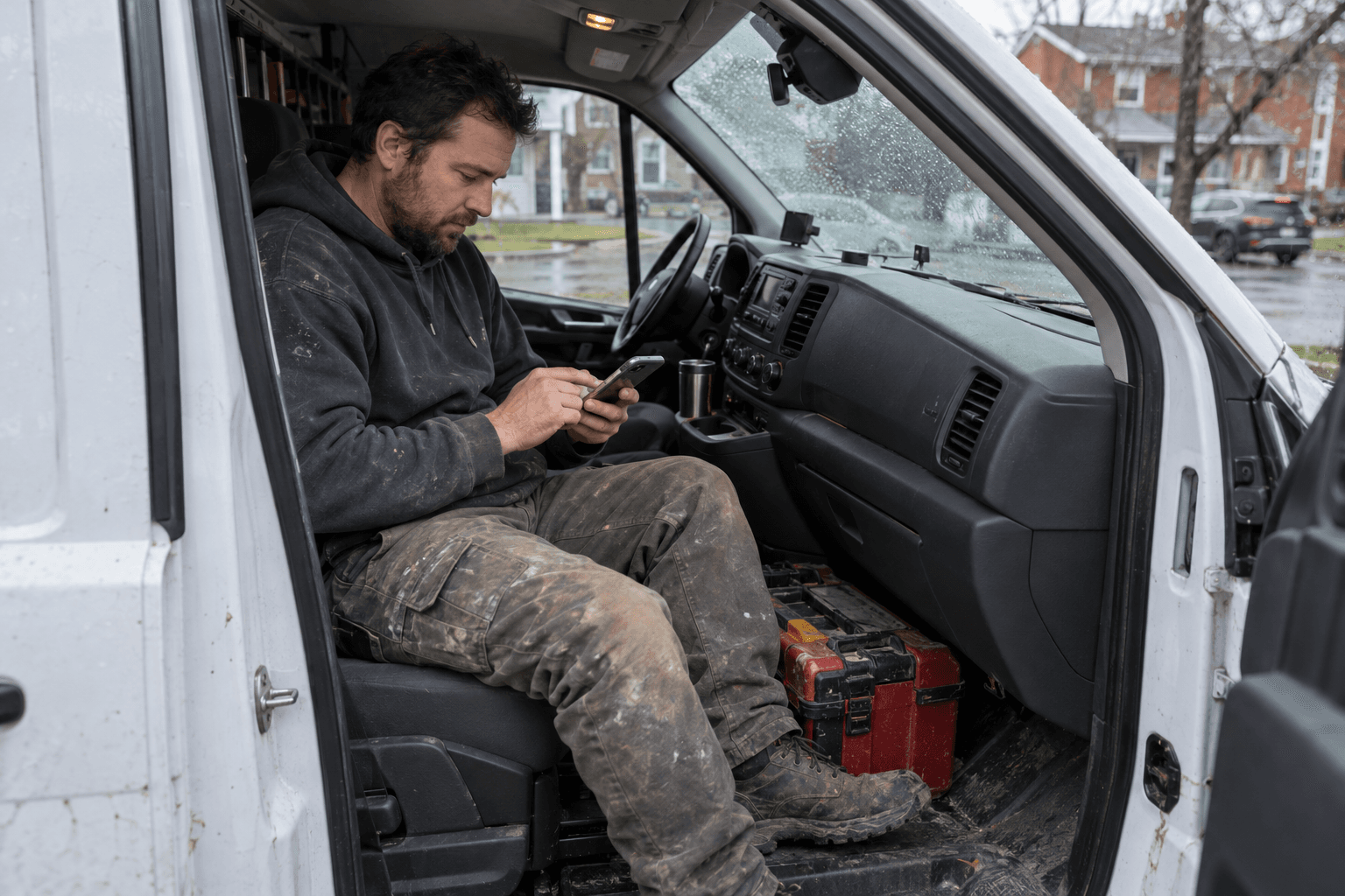 A carpenter checking a transfer on a phone in a parked van.