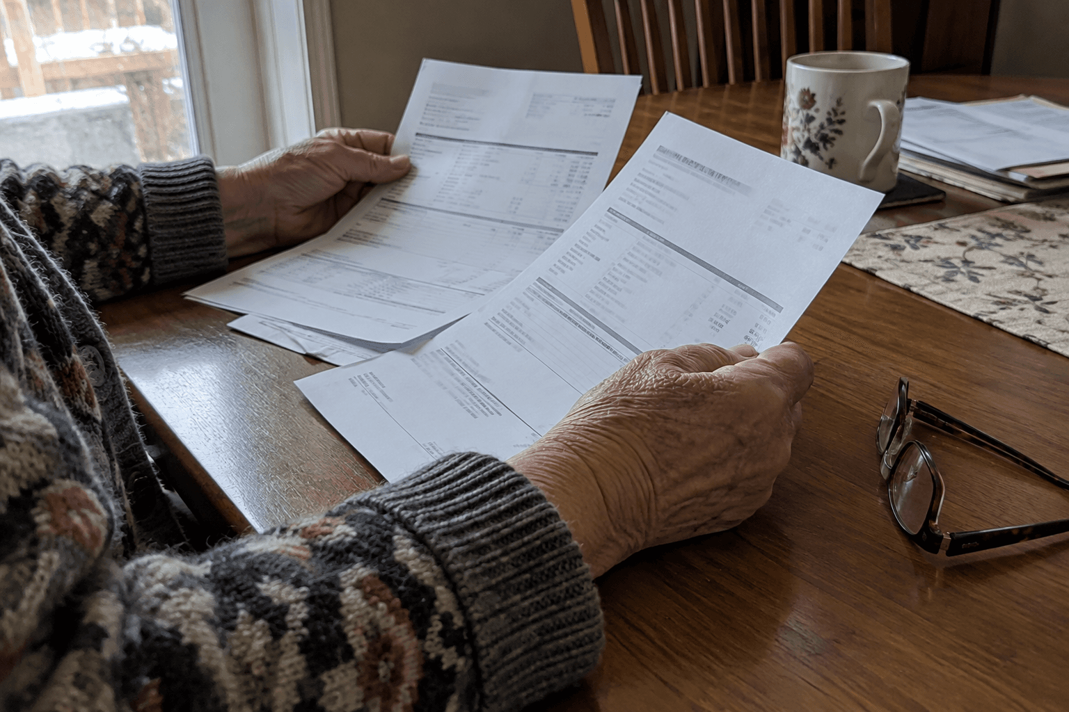 Two pension slips being compared on a dining table.