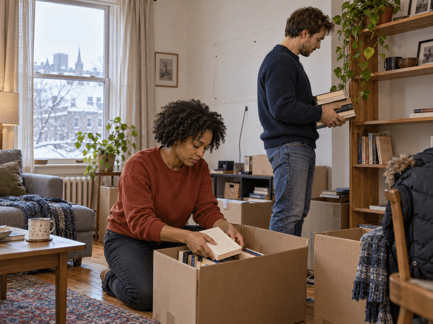 Amélie and Nicolas pack books in their former living room before a winter move.