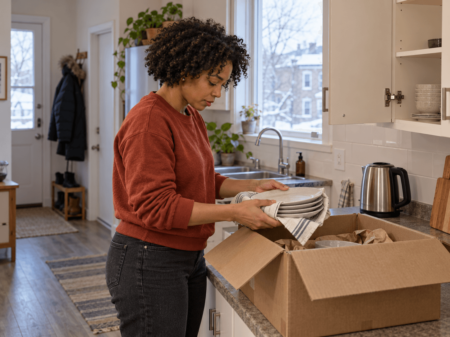 Amélie unpacks plates in the kitchen of the new apartment.